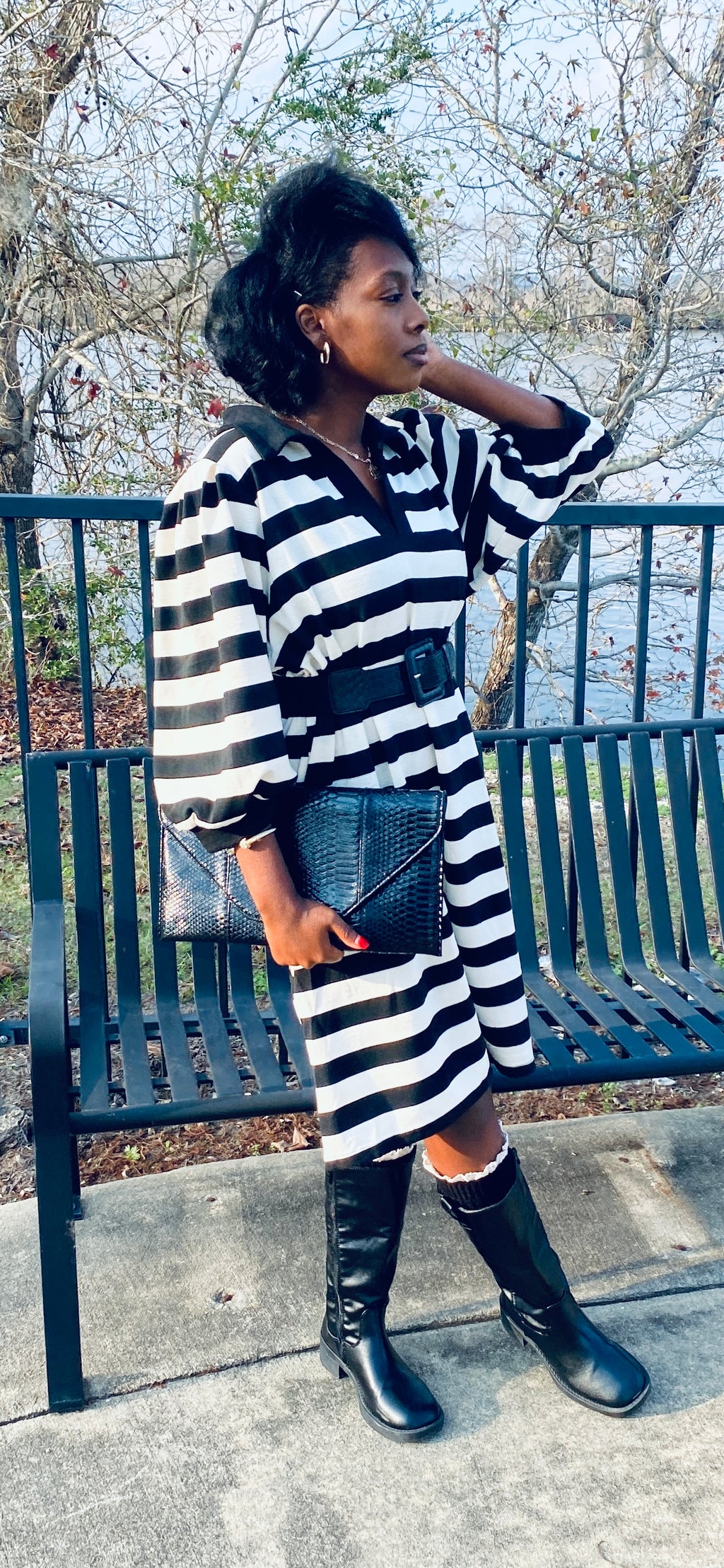 (PLUS)Striped Midi Dress with Contrast Collar