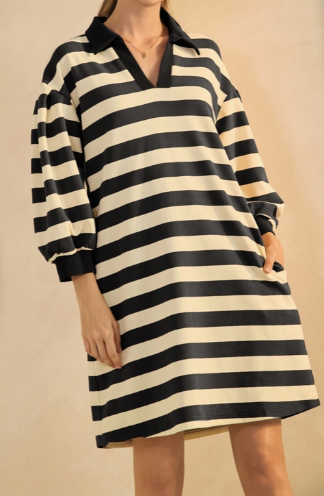 (PLUS)Striped Midi Dress with Contrast Collar
